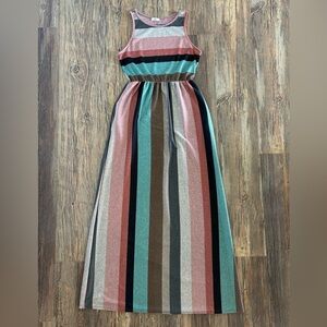 Egy California Sleeveless Maxi Dress Size XL Pink Teal Gray Multi Heather Stripe
